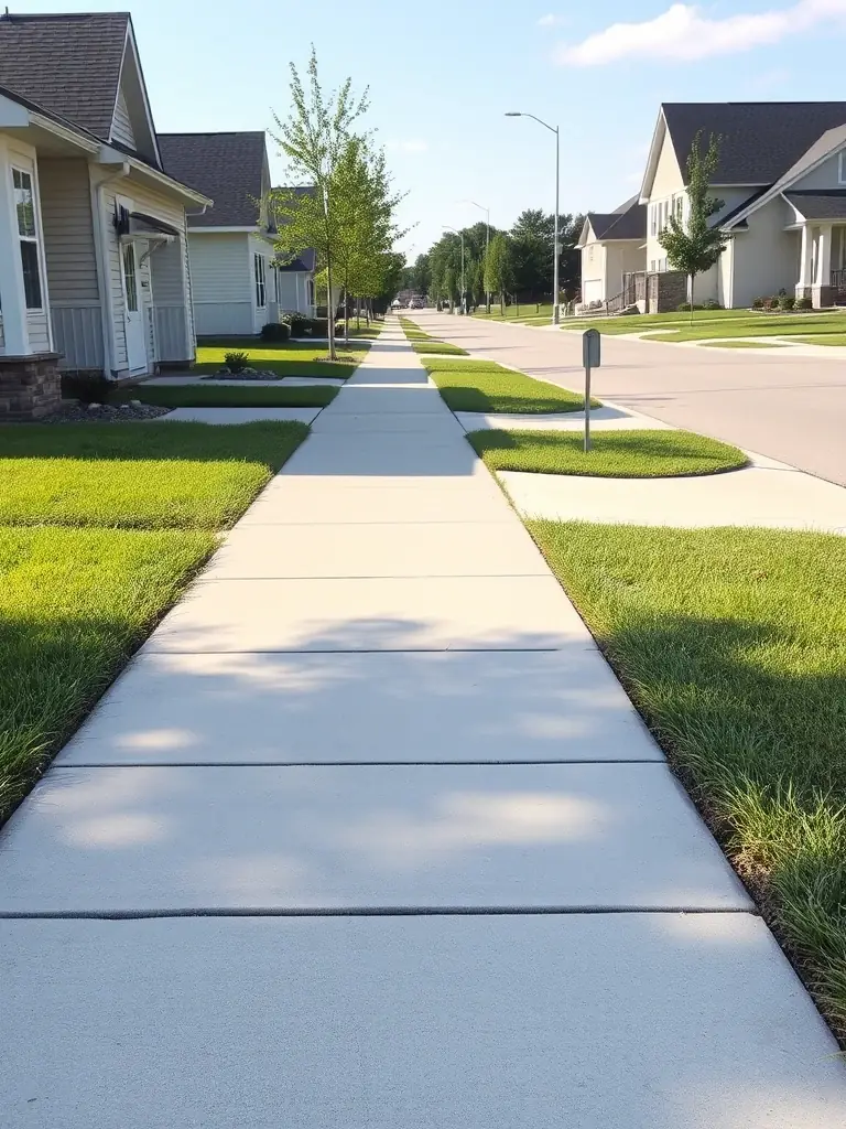 A detailed shot of newly finished concrete sidewalks along a street, showing the smooth surface and clean edges. The sidewalks are part of a streetscape in a residential area of Arkansas.