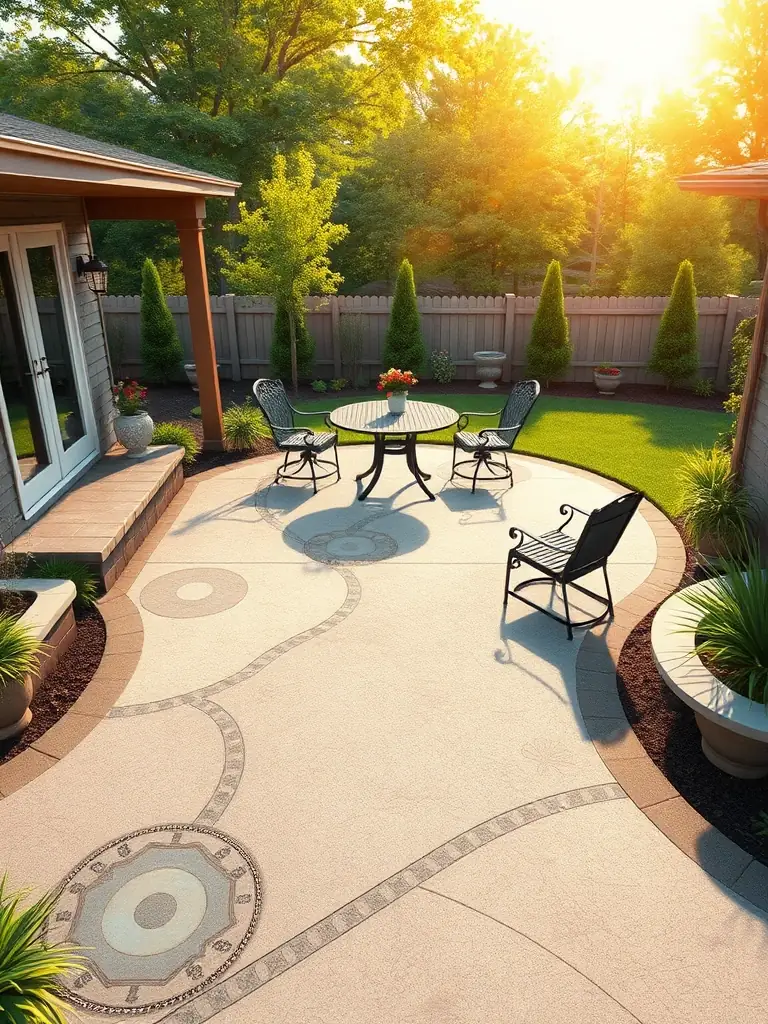 A beautifully designed concrete patio in an Arkansas backyard, featuring a stamped concrete pattern and outdoor furniture, illustrating Sandstone Concrete's patio design capabilities.
