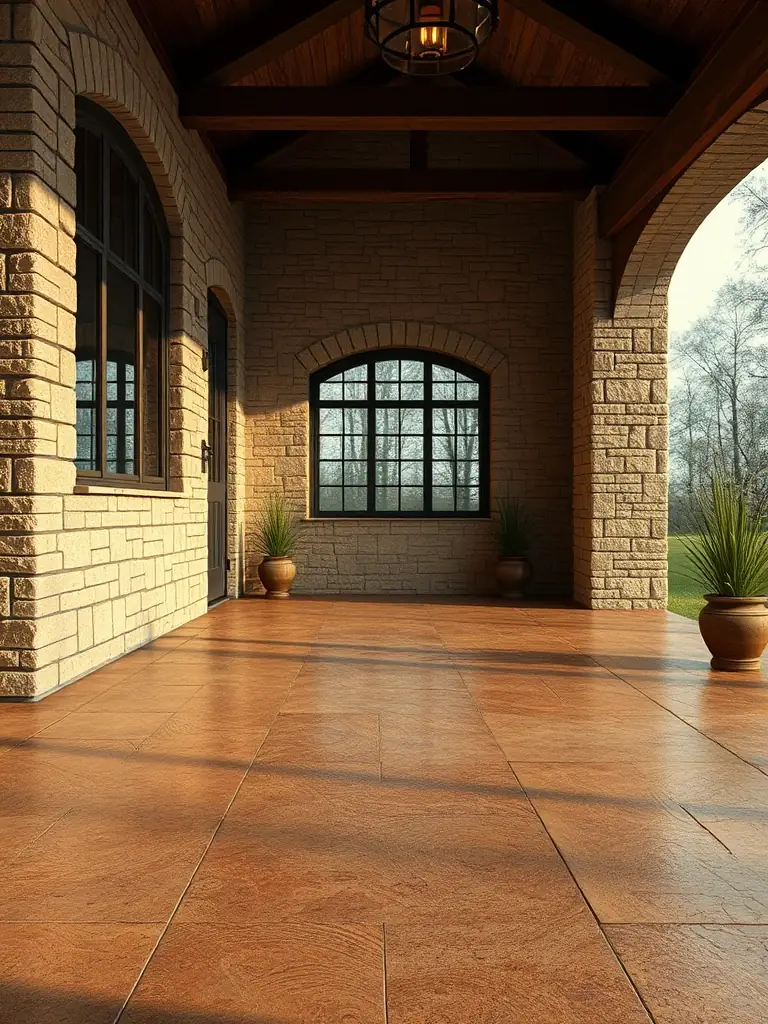 A close-up shot of decorative concrete work in an Arkansas home, showcasing intricate patterns and textures, highlighting Sandstone Concrete's skill in decorative concrete.