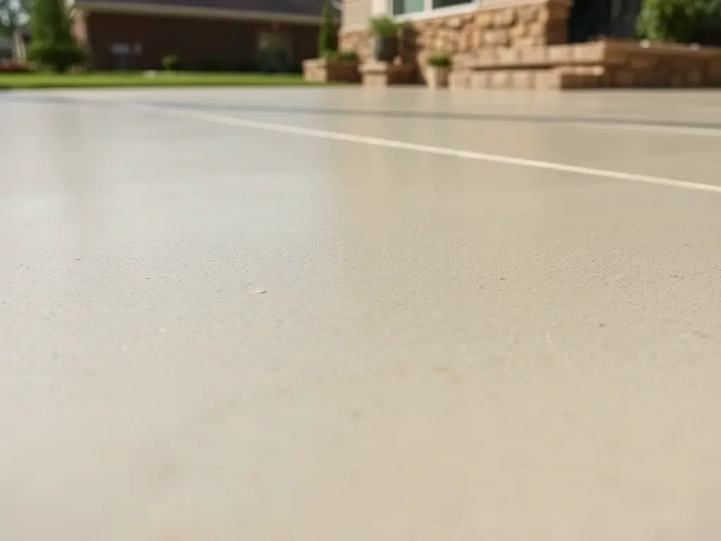 A close-up shot of a smooth, level concrete surface (flatwork) in an Arkansas residential setting, highlighting the quality of the finish and the attention to detail. The surface is clean and free of imperfections.