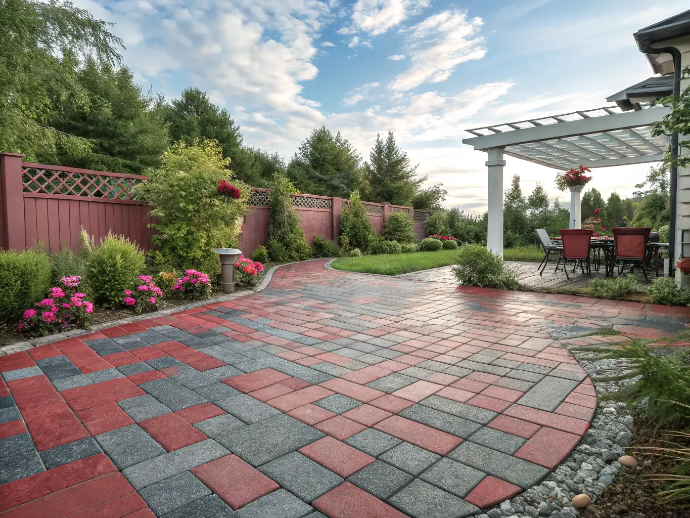 A freshly poured concrete patio with a smooth finish, surrounded by lush landscaping, showcasing Sandstone Concrete's flatwork service.