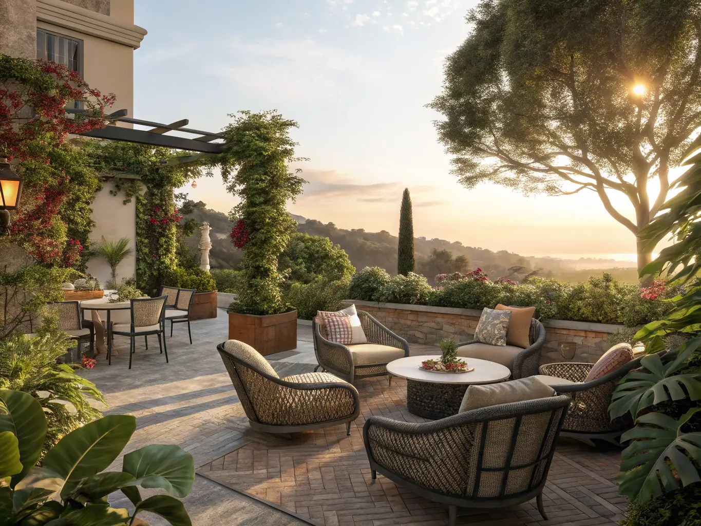 A spacious concrete patio with decorative finishing, surrounded by landscaping.