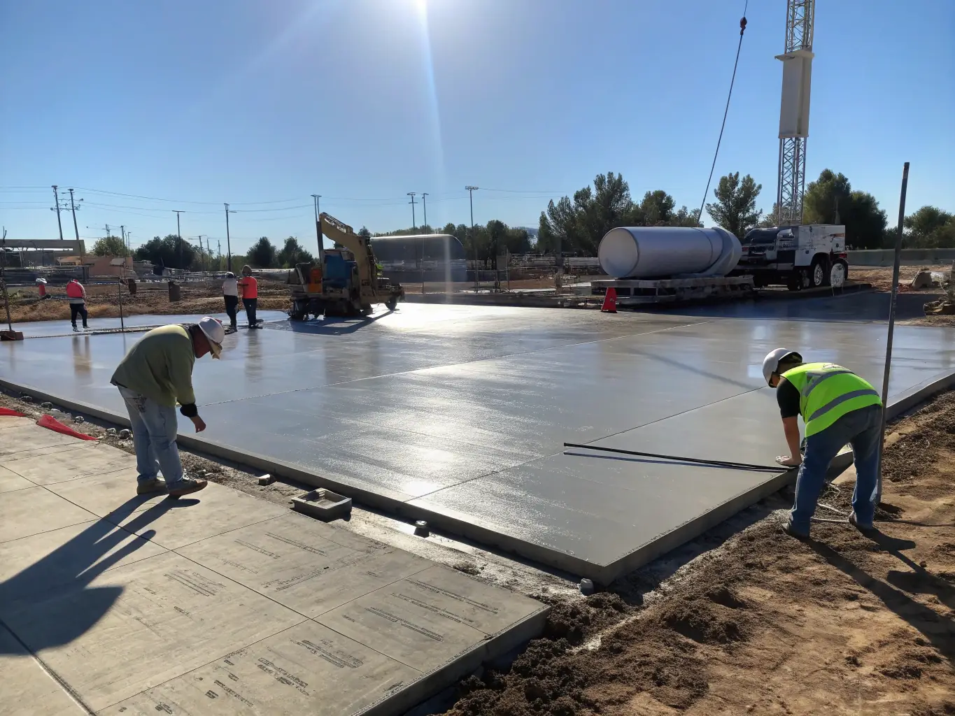 A freshly poured concrete slab, perfectly leveled and smoothed, ready for construction. The slab should appear solid and well-prepared, highlighting the precision and quality of the work.