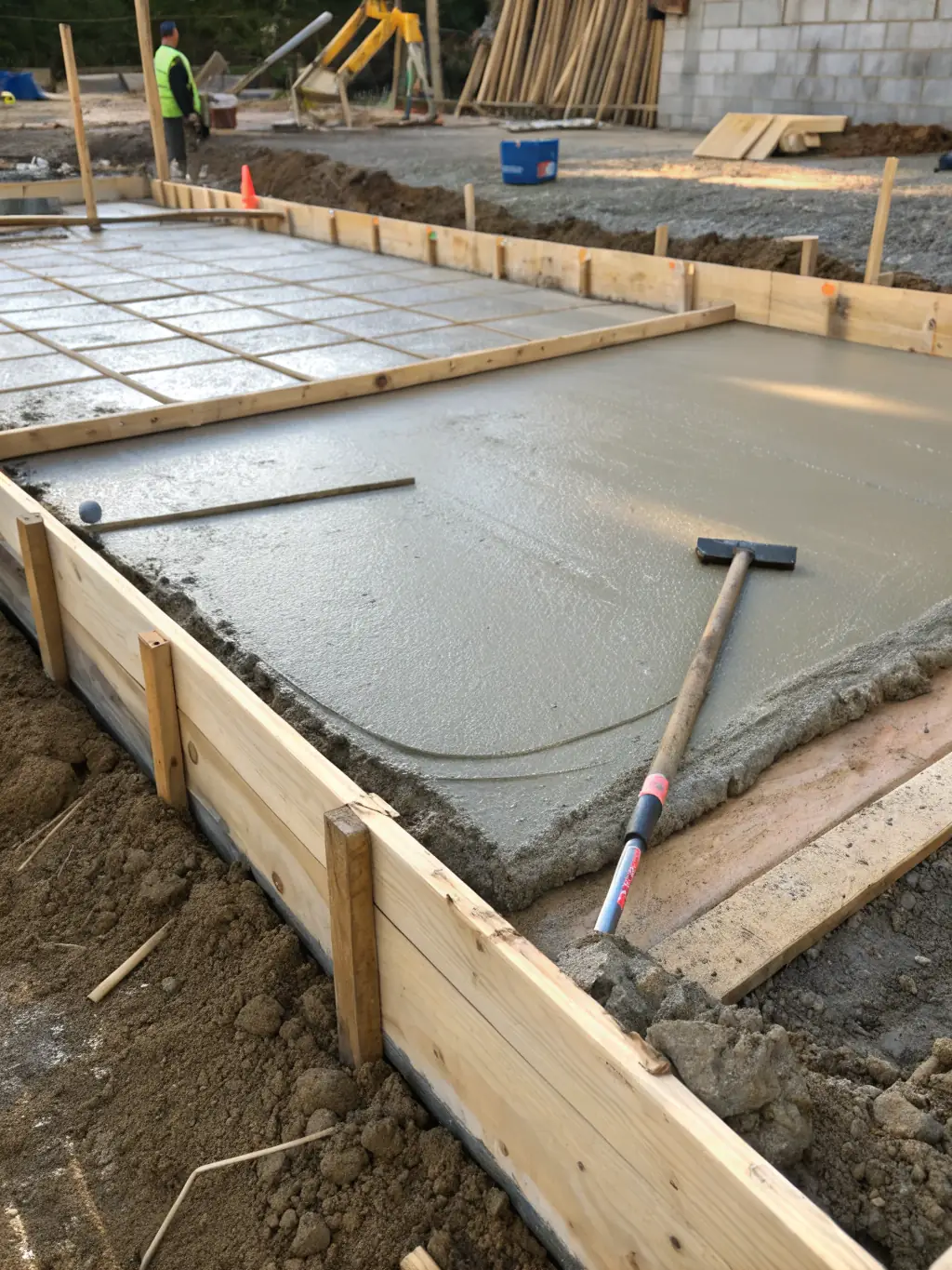 A close-up image of a freshly poured concrete foundation, highlighting the precise measurements and reinforcement used by Sandstone Concrete to ensure structural integrity.