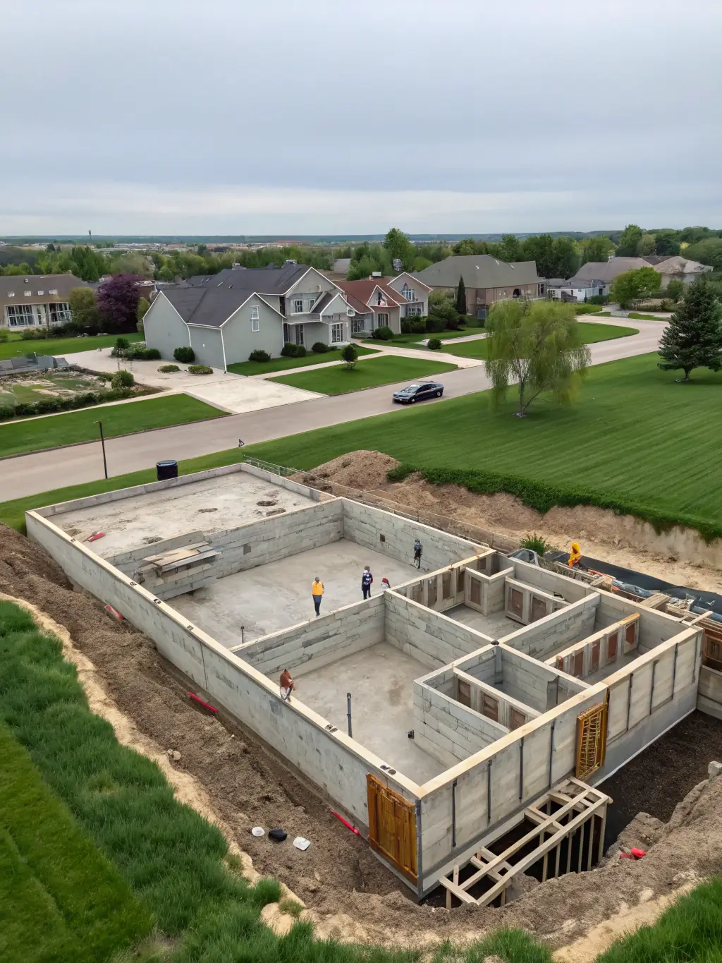 A wide shot of a newly poured concrete foundation for a residential home, showing the level surface and the surrounding framework. The foundation is set in a suburban neighborhood in Arkansas.