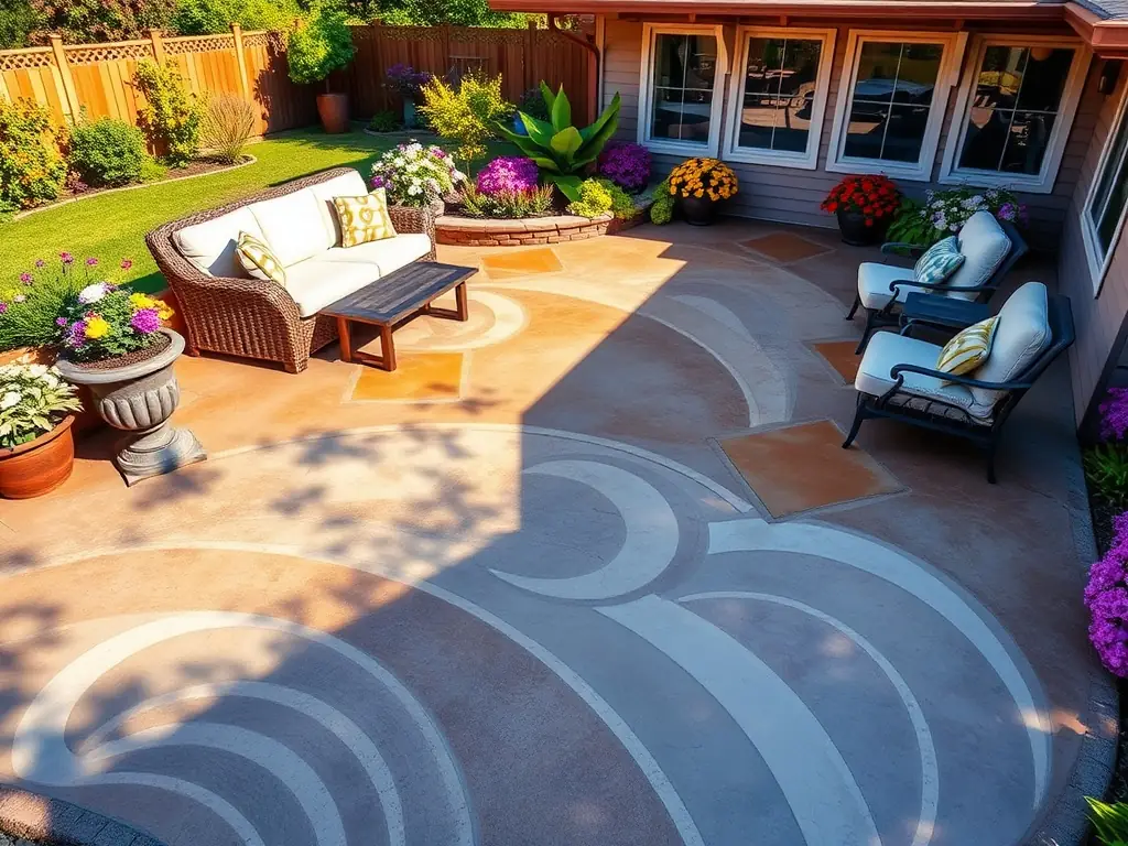 A spacious backyard patio with decorative concrete and a comfortable seating area, surrounded by lush landscaping, illustrating Sandstone Concrete's ability to create inviting outdoor living spaces.