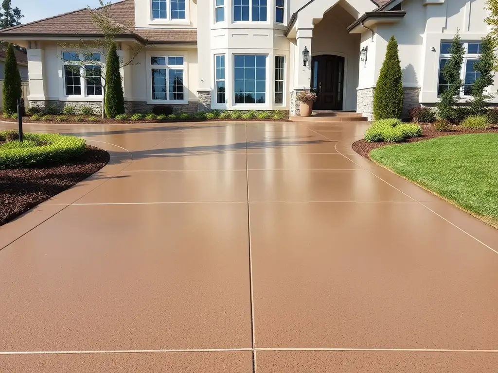 A newly constructed concrete driveway leading to a modern house, showcasing a smooth, even surface and clean edges. The driveway should appear durable and well-maintained, blending seamlessly with the landscape.