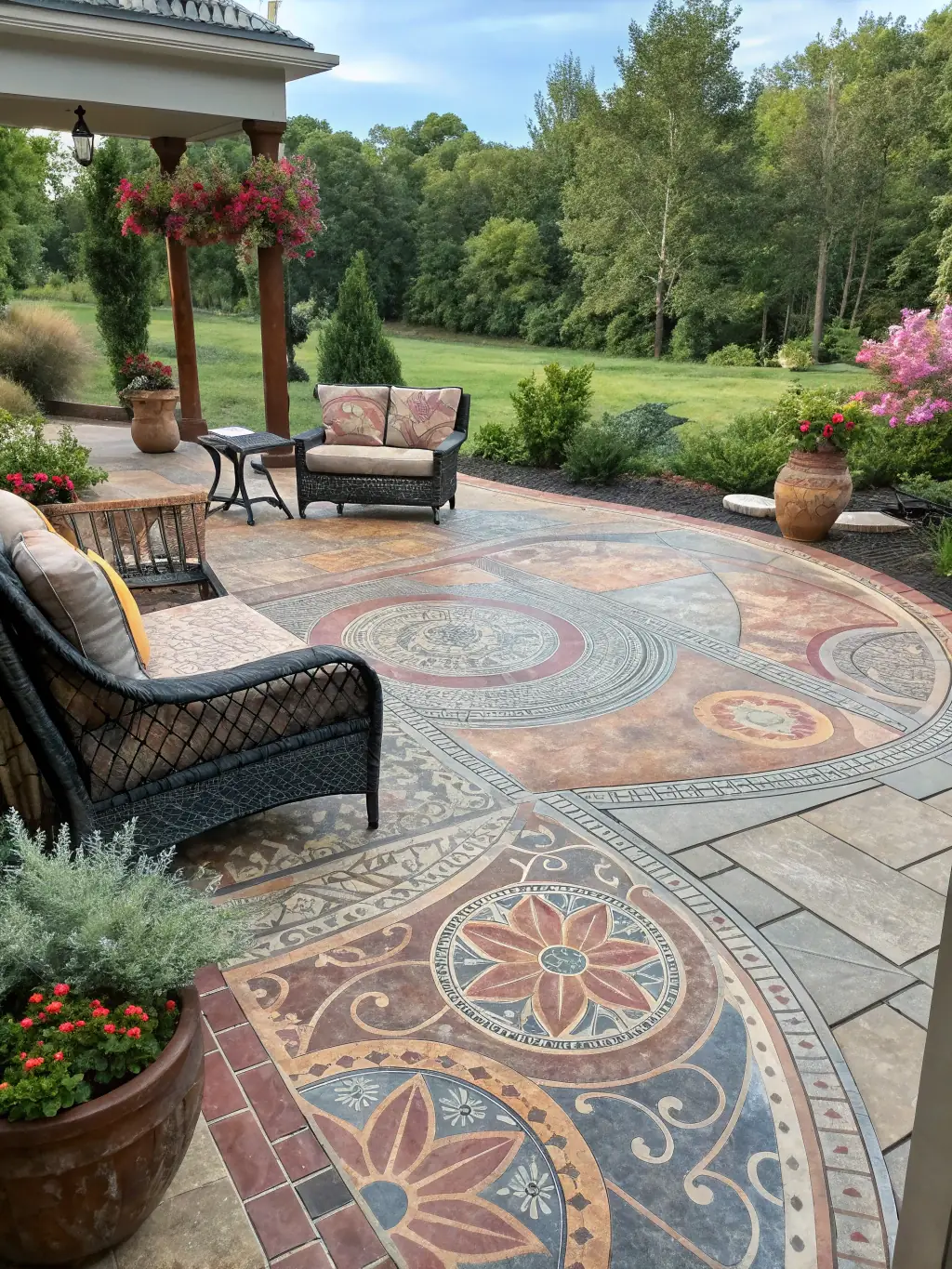 A newly constructed concrete patio with a stamped pattern, featuring outdoor furniture and landscaping, creating an inviting outdoor living space in an Arkansas backyard.