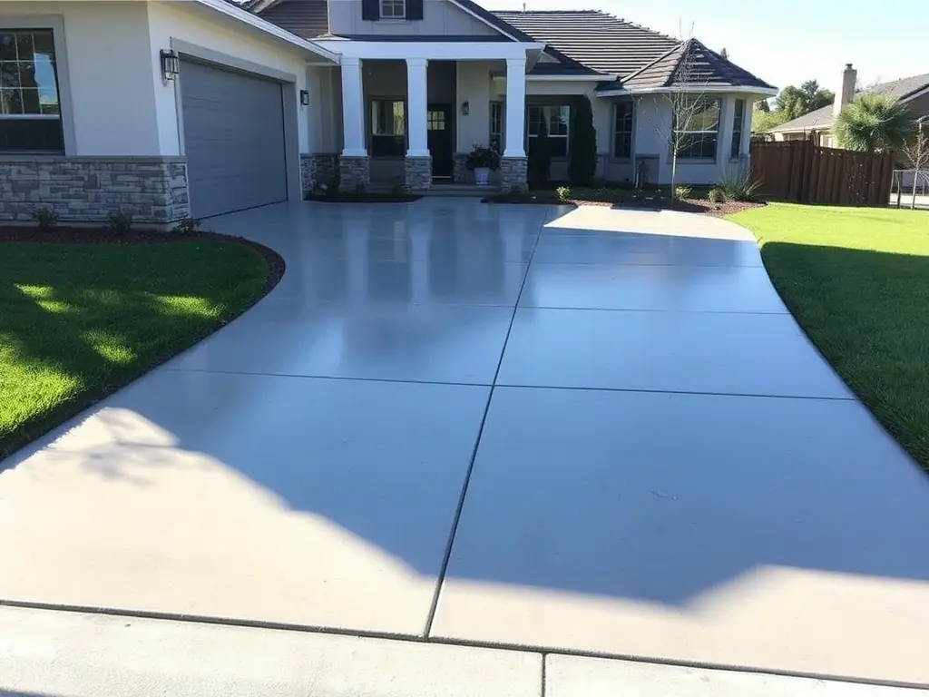 A newly installed concrete driveway with a smooth, gray finish, showcasing clean lines and a durable surface. The driveway leads to a well-maintained residential home with green landscaping.