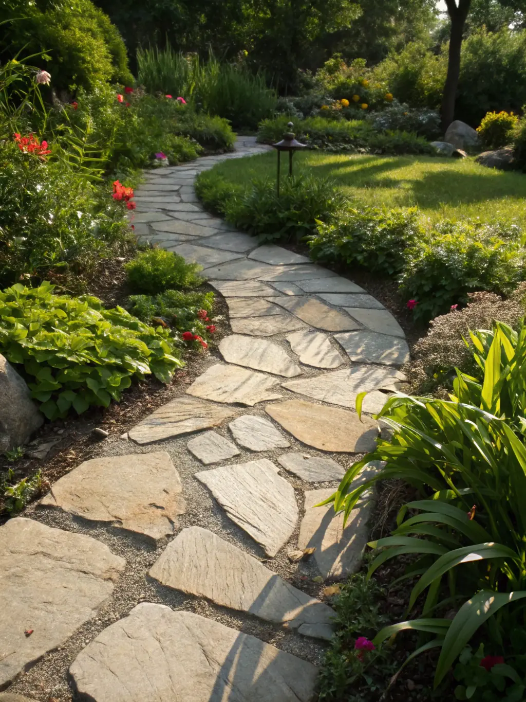 A concrete walkway leading to a garden, showcasing decorative concrete with exposed aggregate, adding visual interest and functionality to the landscape in Arkansas.