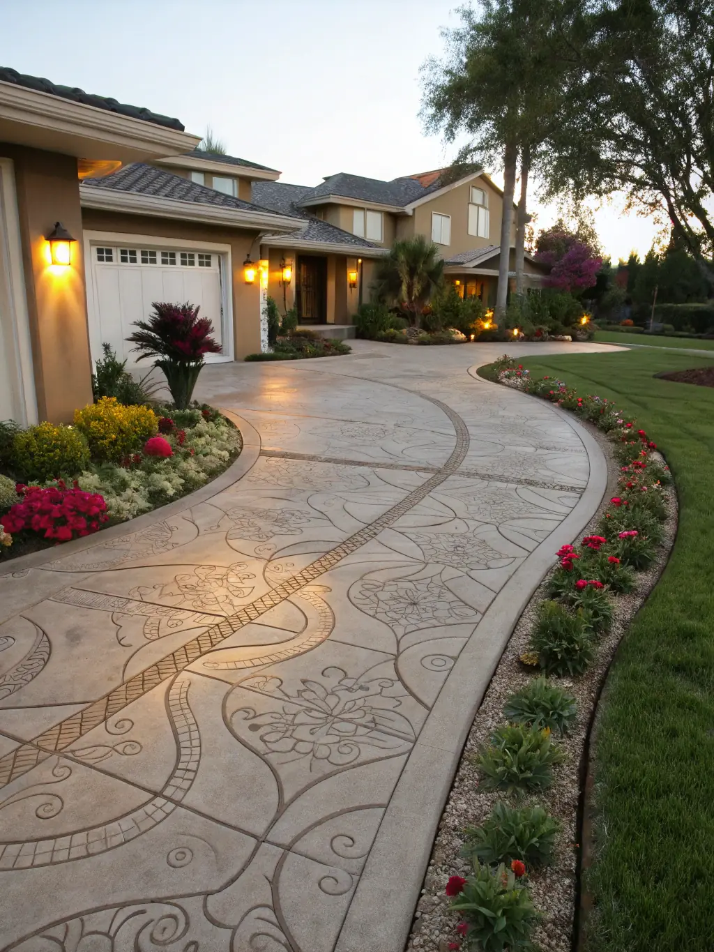 A high-angle shot of a newly constructed concrete driveway with a decorative stamped border, showcasing the smooth finish and professional installation by Sandstone Concrete.