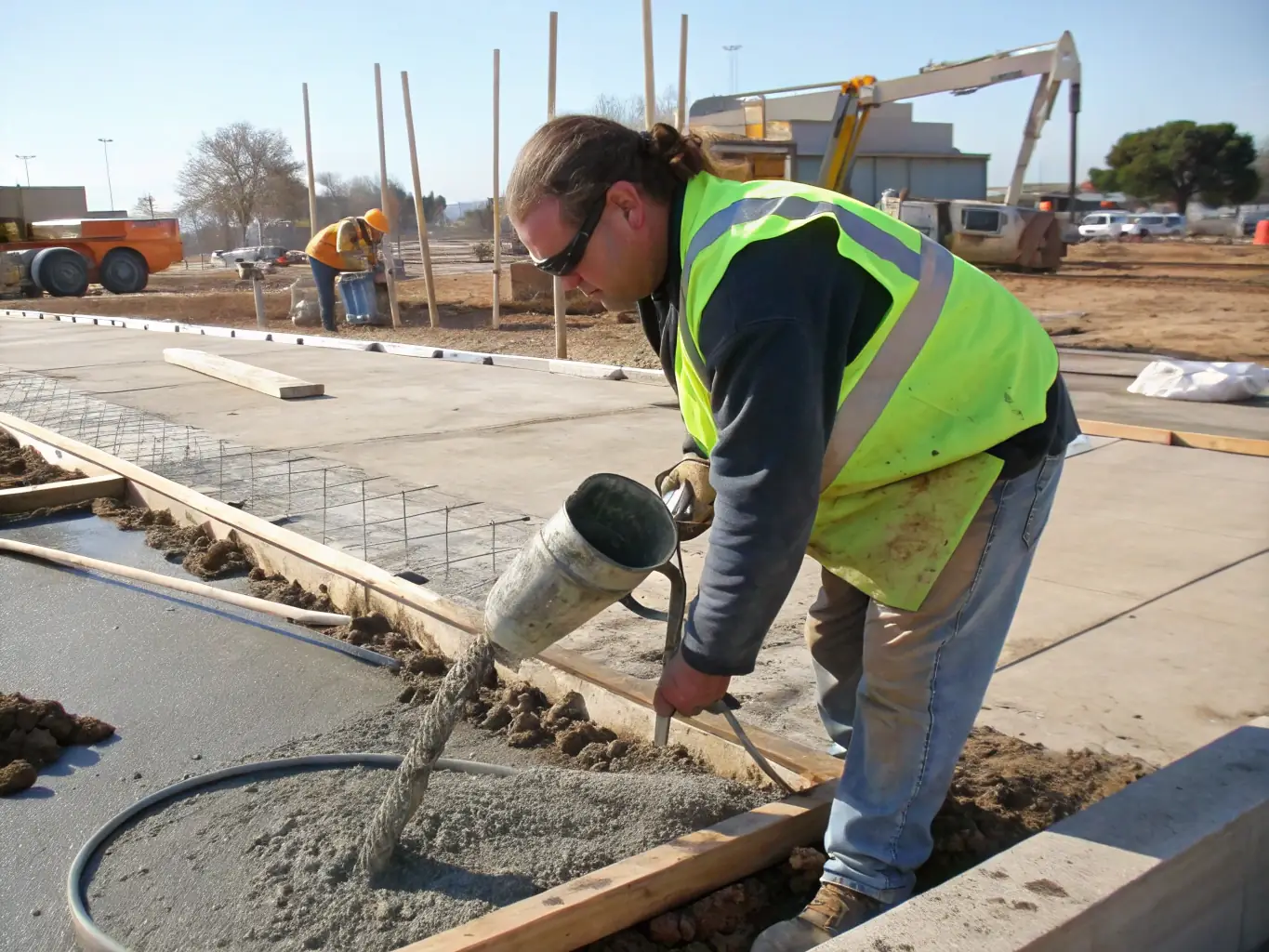 A team of workers pouring concrete into a foundation form with reinforcement bars visible, representing Sandstone Concrete's foundation pouring service.