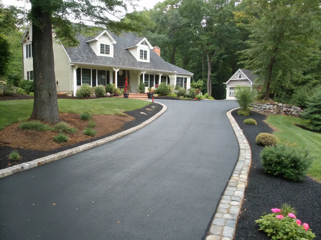 A newly installed concrete driveway in a suburban Arkansas home, showcasing a smooth, even surface with clean edges and a natural gray color. The driveway leads to a well-maintained house with landscaping.