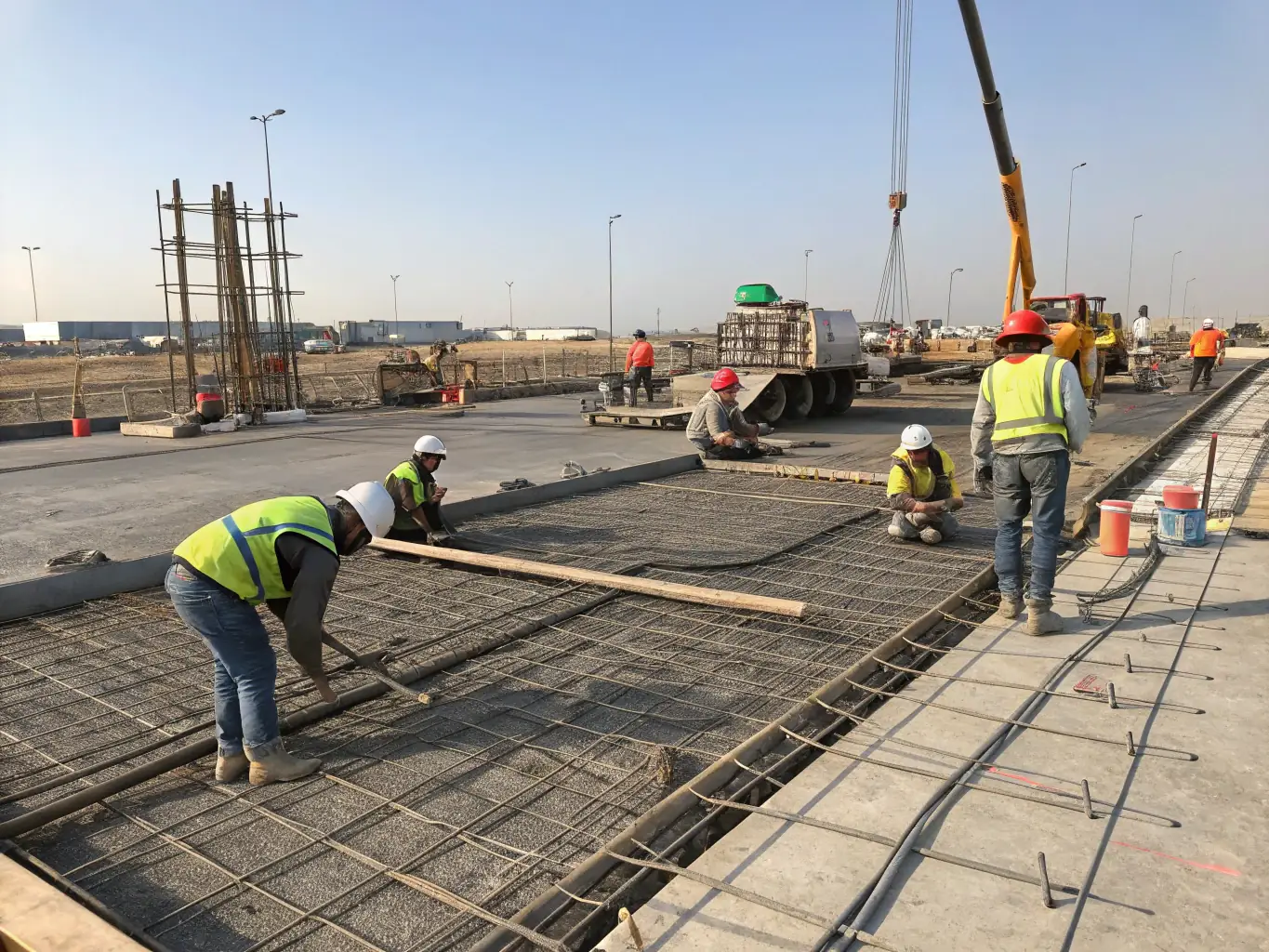 A construction site showing a concrete foundation being poured with reinforcement bars in place.