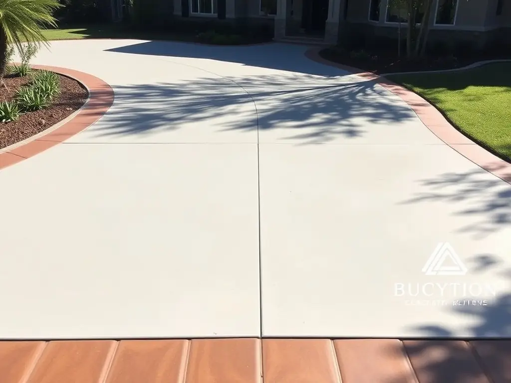 A freshly poured concrete driveway with clean lines and a smooth finish, set in a residential neighborhood.