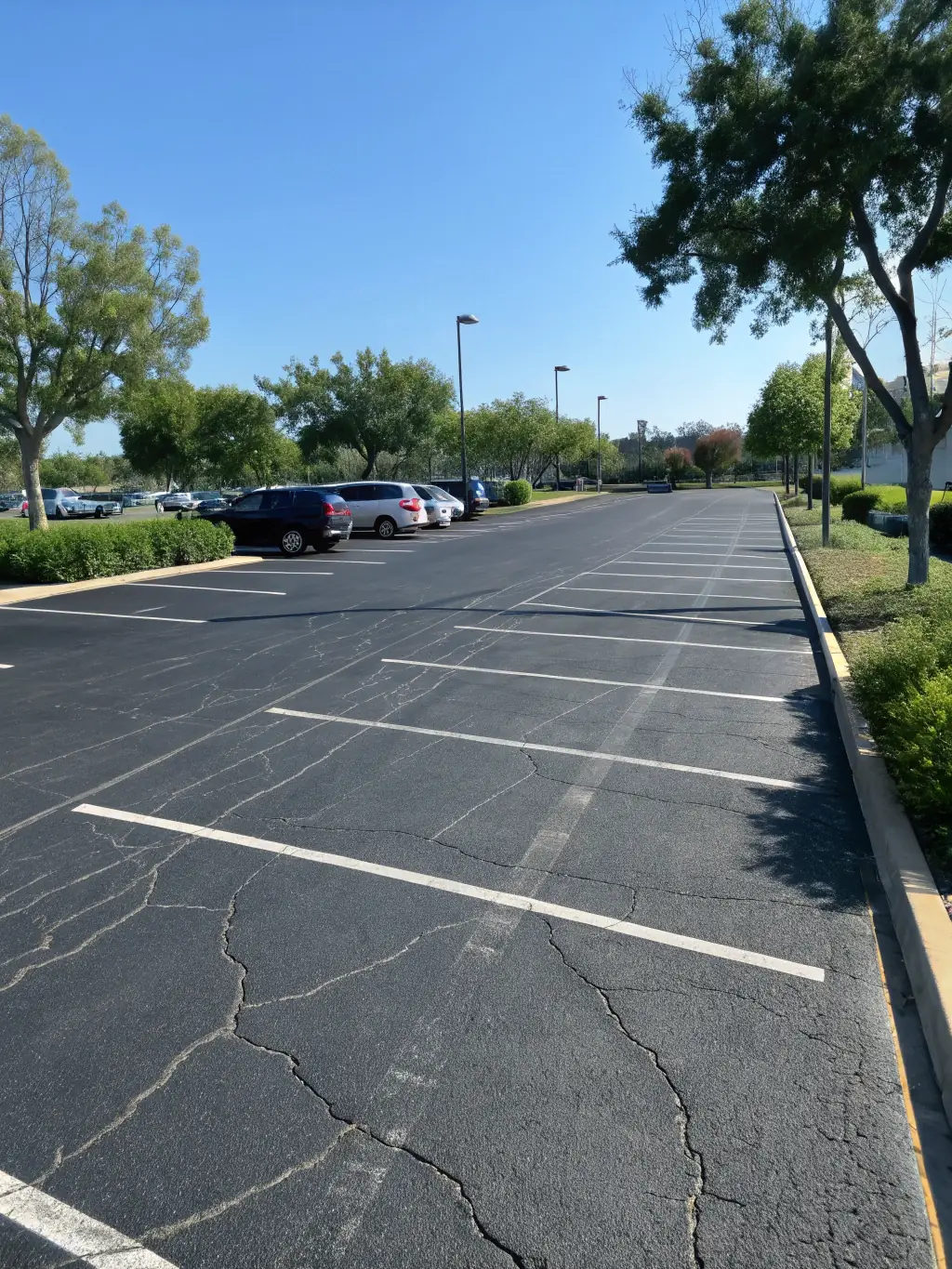 A large, newly constructed concrete parking lot with clearly marked parking spaces, demonstrating Sandstone Concrete's commercial capabilities.