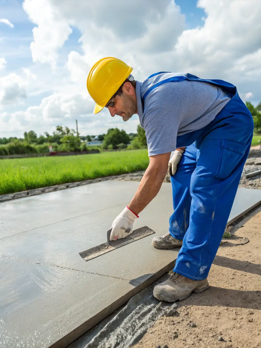 A worker from Sandstone Concrete using professional tools to smooth and level a concrete surface, demonstrating the company's commitment to quality and craftsmanship.