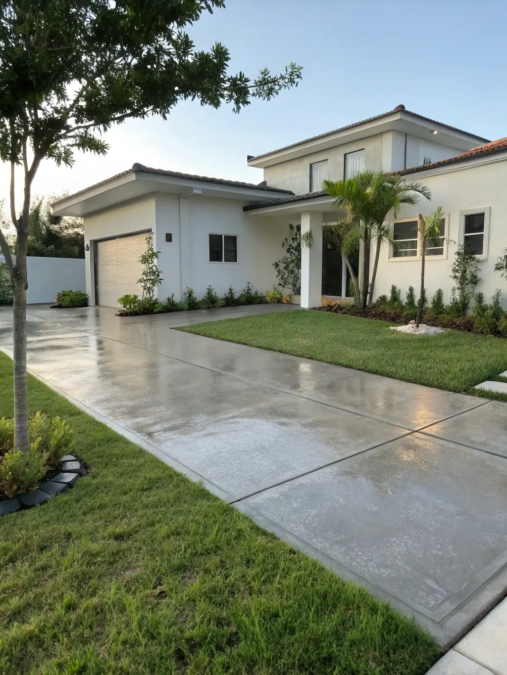 A newly constructed concrete driveway, showcasing a smooth, even surface with a light broom finish, bordered by well-maintained landscaping. The driveway leads up to a modern home, emphasizing the quality and aesthetic appeal of Sandstone Concrete's work.
