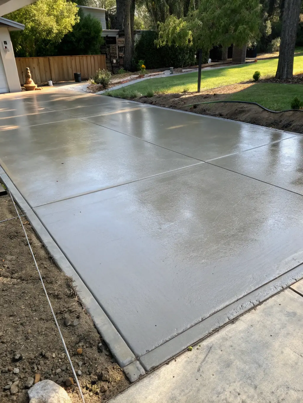 A freshly poured concrete driveway, showcasing a smooth, even surface with clean edges, set against a well-manicured lawn and a suburban home in Arkansas.