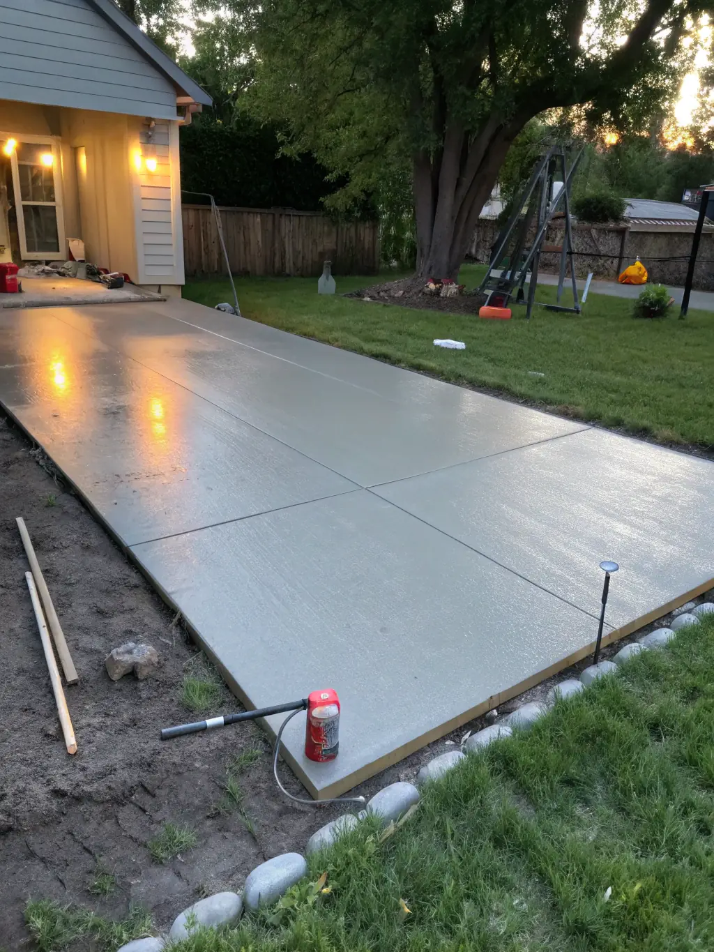 A freshly poured concrete driveway, smooth and even, with a light broom finish, showcasing Sandstone Concrete's residential services.