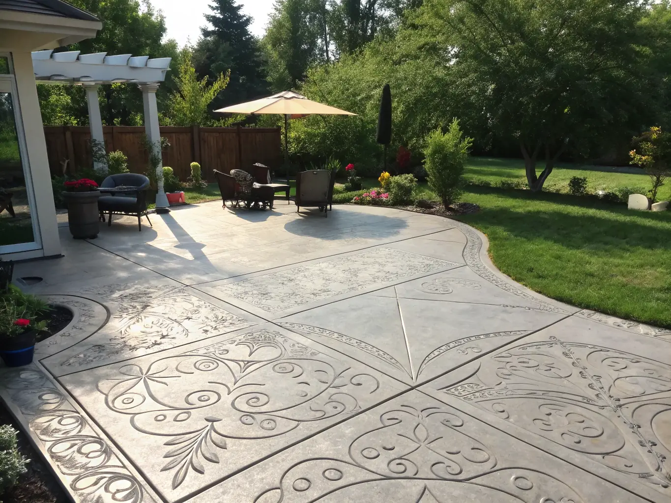 A smooth, level concrete surface in a backyard, providing a versatile space for various outdoor activities. The flatwork is clean and well-maintained, enhancing the usability of the backyard.