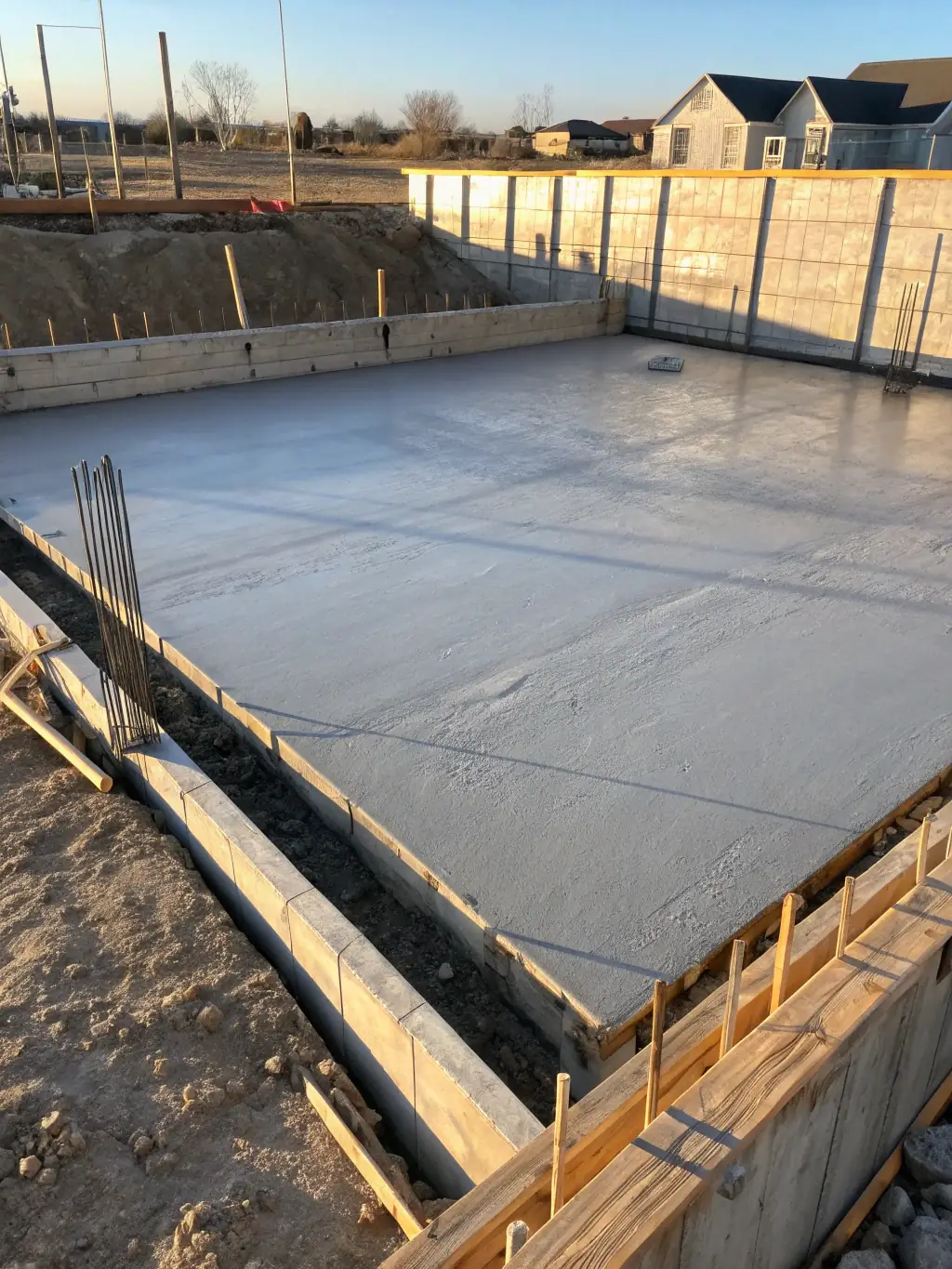 A freshly poured concrete foundation, with visible rebar reinforcement, set in a prepared construction site in Arkansas, ready for the next phase of building.