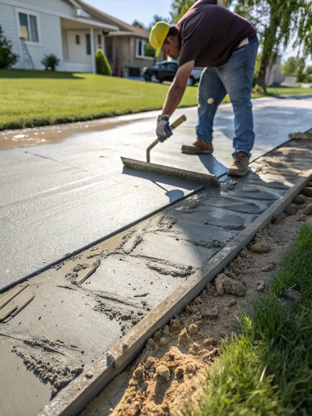A worker smoothing freshly poured concrete for a sidewalk, demonstrating Sandstone Concrete's attention to detail and commitment to providing smooth, level finishes.