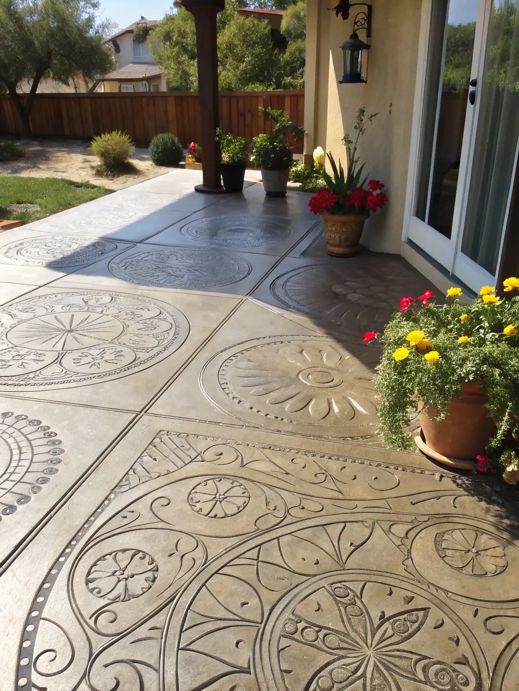 A newly constructed concrete patio with a stamped pattern, featuring outdoor furniture and potted plants, creating an inviting backyard space.