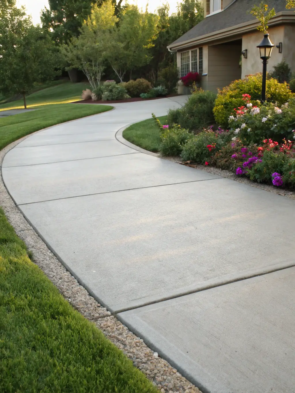 A newly installed concrete driveway in a suburban Arkansas home, showcasing a smooth, even surface and clean edges, highlighting Sandstone Concrete's attention to detail.