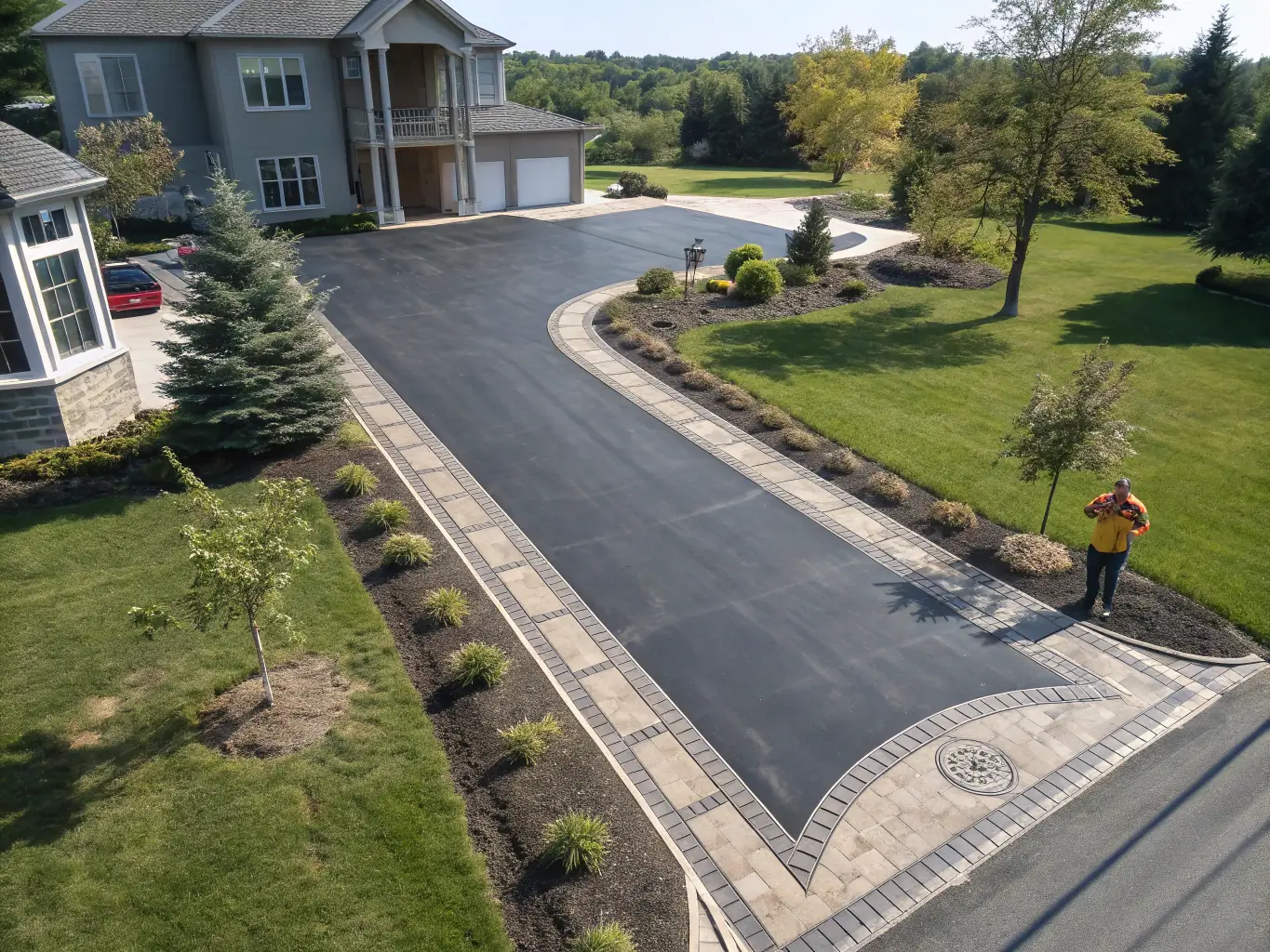 A freshly poured concrete driveway with clean lines and a smooth finish, set in a residential neighborhood, showcasing Sandstone Concrete's driveway construction service.