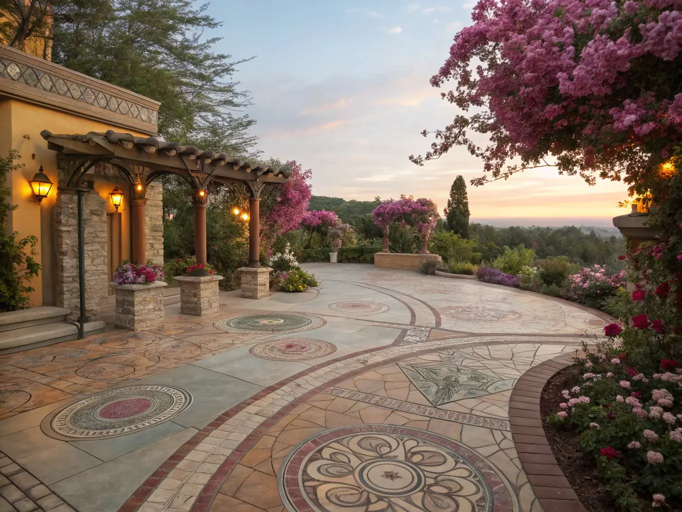 A decorative stamped concrete patio with intricate patterns and vibrant colors, highlighting Sandstone Concrete's custom design options.
