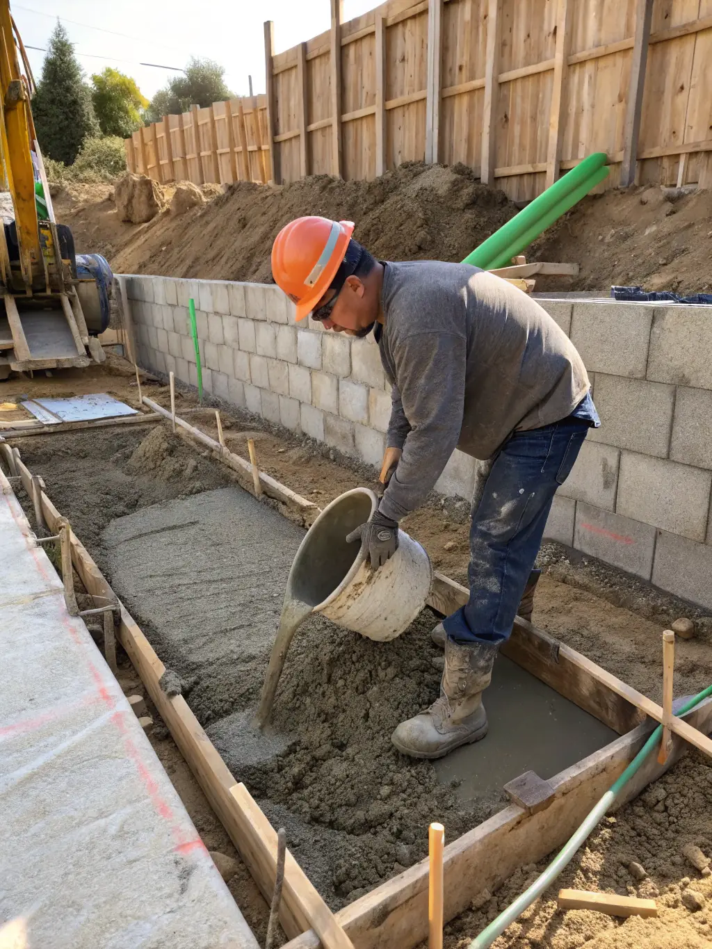 A worker smoothing freshly poured concrete for a sidewalk, ensuring a level and even surface, with tools and equipment visible in the background in Arkansas.