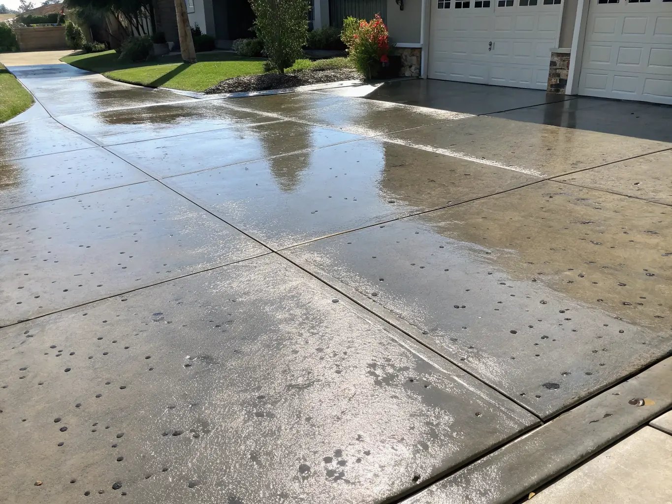 A freshly poured concrete driveway with clean edges and a smooth finish, set against a lush green lawn, showcasing Sandstone Concrete's driveway installation service.