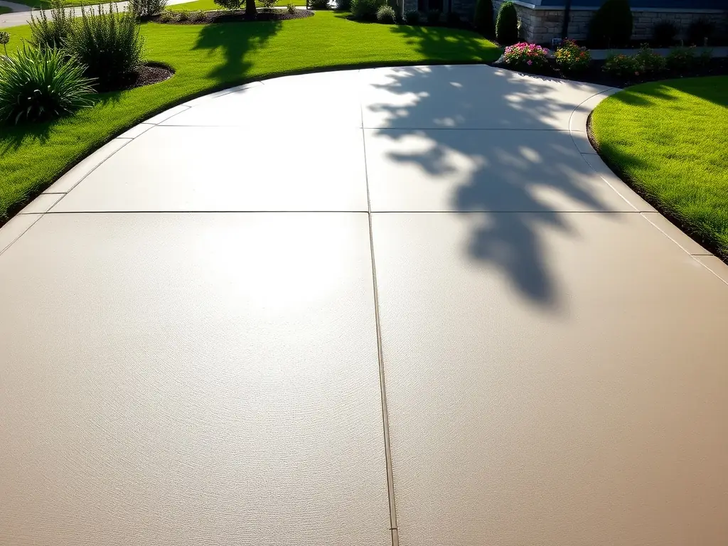 A beautifully finished concrete driveway with clean edges and smooth surface, set in a suburban neighborhood, showcasing Sandstone Concrete's residential services.